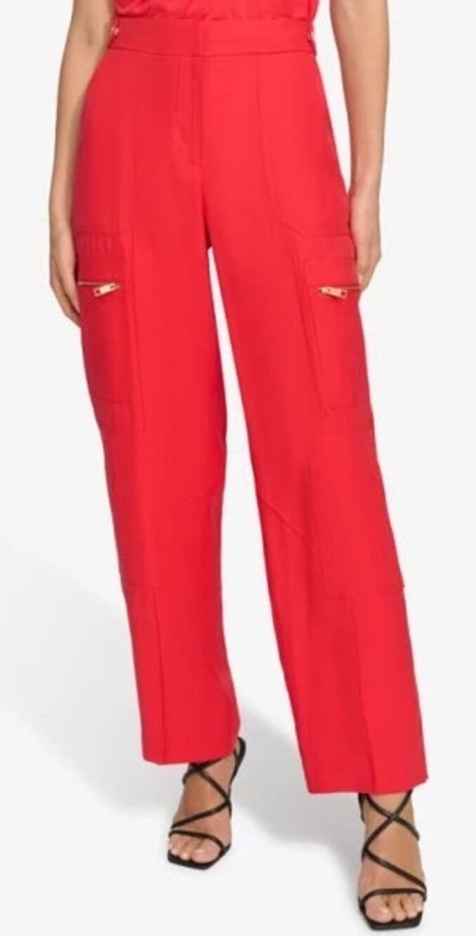 DKNY Pants SZ 16 Flame Red Gold Zippers NWT Cargo Straight Wide Leg Twill Office